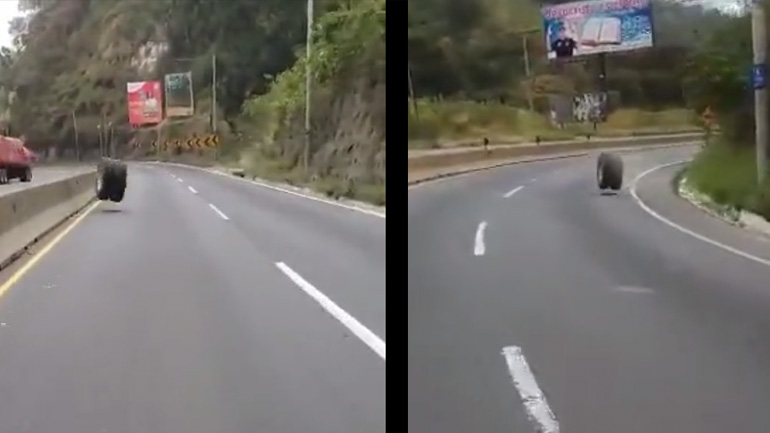 Τροχός φορτηγού ταξιδεύει σε αυτοκινητόδρομο