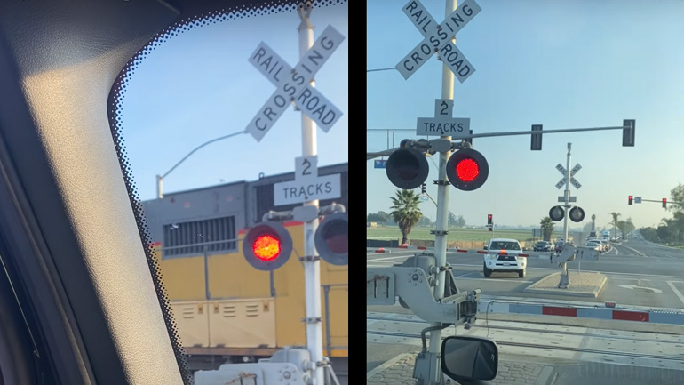 Φορτηγατζής χαιρετά κορνάροντας τον οδηγό ενός τρένου