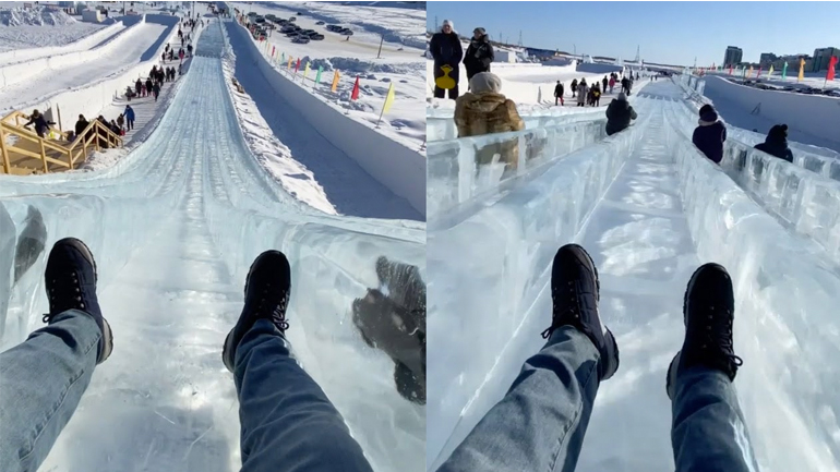 Γυναίκα μπαίνει σε τσουλήθρα από πάγο