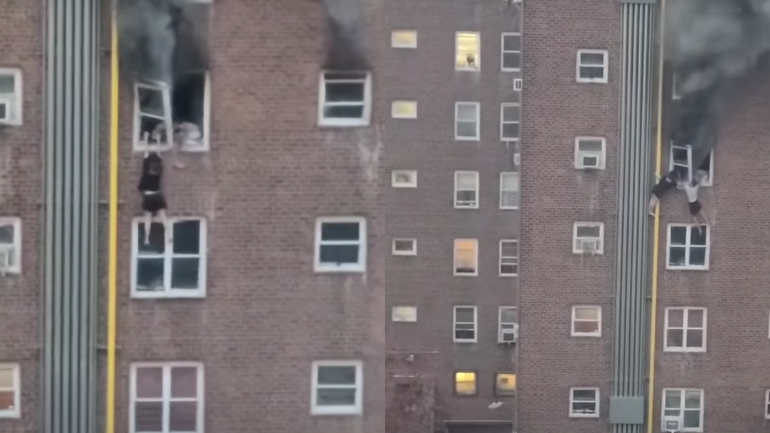 Έφηβοι κρατιούνται από σωλήνα για να σωθούν από τη φωτιά