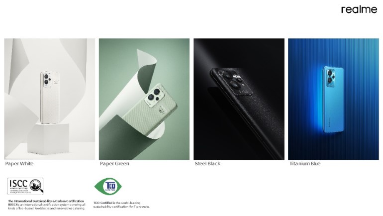 Η σειρά realme GT 2 έχει τέσσερις χρωματικές παραλλαγές –– Paper White, Paper Green, Steel Black, Titanium Blue.