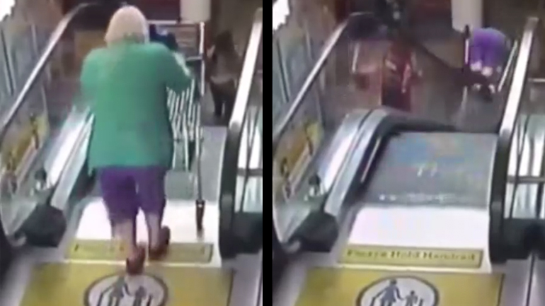 Ηλικιωμένη με καρότσι σε κυλιόμενες σκάλες 