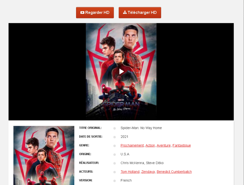 Ένα παράδειγμα ιστότοπου phising που προσφέρει την online προβολή του "No Way Home" με αφίσα μία δημιουργία των fans