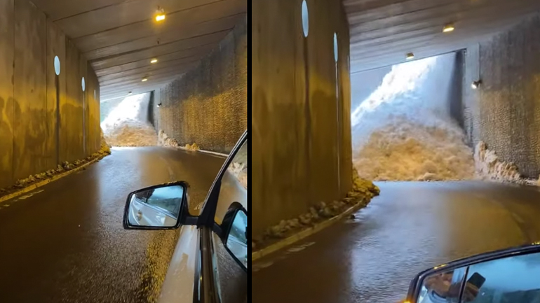 Αυτοκινητιστής κάνει όπισθεν μπροστά από στιβάδα χιονιού σε σήραγγα