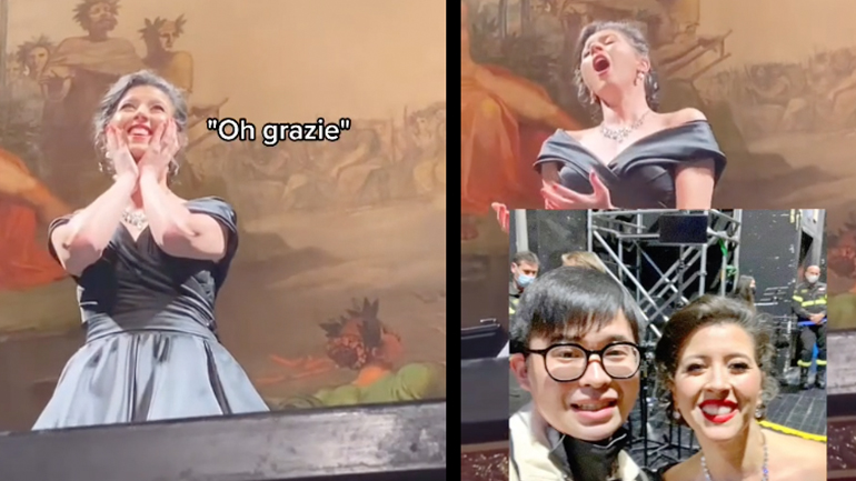 Θεατής τραγουδά με τη σοπράνο Lisette Oropesa