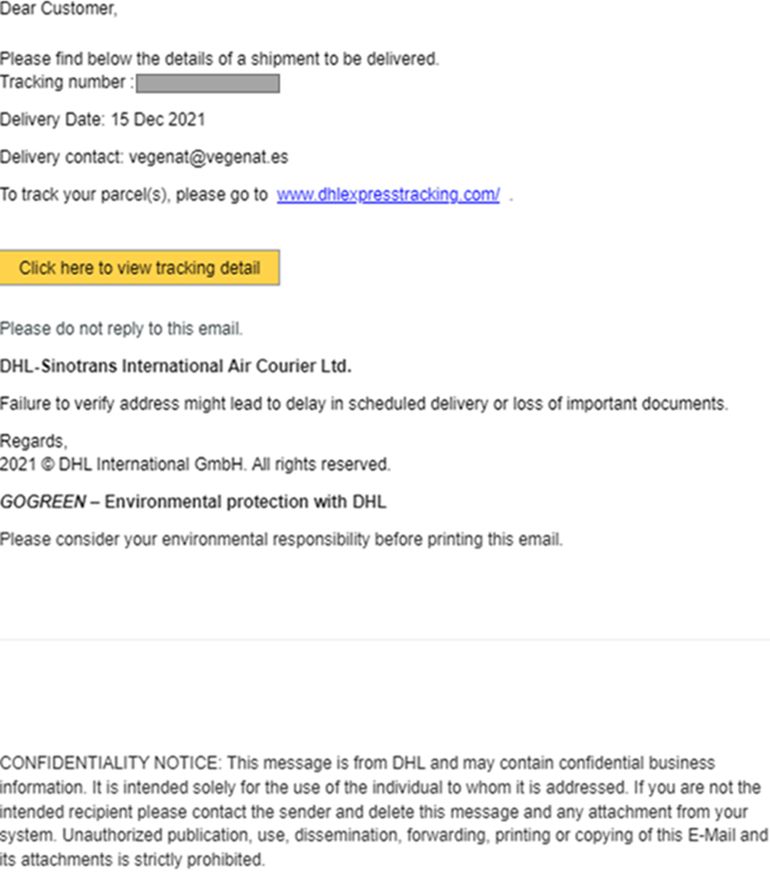 Εικόνα 4. Το κακόβουλο μήνυμα ηλεκτρονικού ταχυδρομείου το οποίο εστάλη με θέμα "Ειδοποίηση αποστολής DHL : xxxxxxxxxxxx "Out for delivery" for 15 Dec 21"