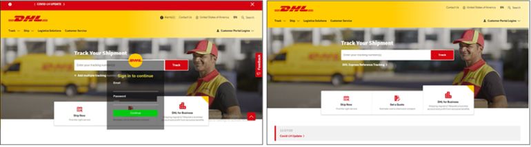 Σχήμα 5. Αριστερή πλευρά - δόλια σελίδα σύνδεσης με αίτημα διαπιστευτηρίων ; Δεξιά πλευρά - πραγματική σελίδα σύνδεσης