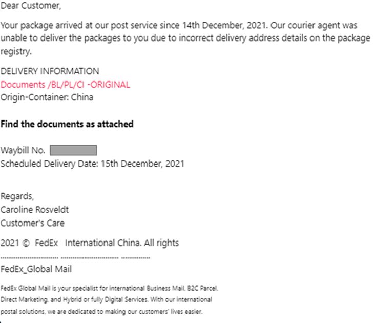 Σχήμα 3. Κακόβουλο μήνυμα ηλεκτρονικού ταχυδρομείου που εστάλη με θέμα "Bill of Lading-PL/CI/BL-Documents arrival"