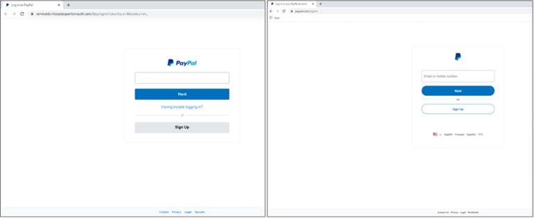 Σχήμα 2. Αριστερή πλευρά - πλαστή σελίδα σύνδεσης ; Δεξιά πλευρά - πραγματική σελίδα σύνδεσης