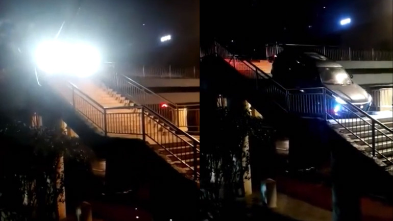 Βιαστικός οδηγός χρησιμοποιεί μια πεζογέφυρα για να εξοικονομήσει χρόνο