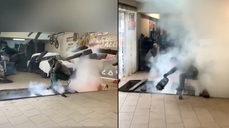 Κροτίδα σκάει σε ένα λάκκο στο γκαράζ