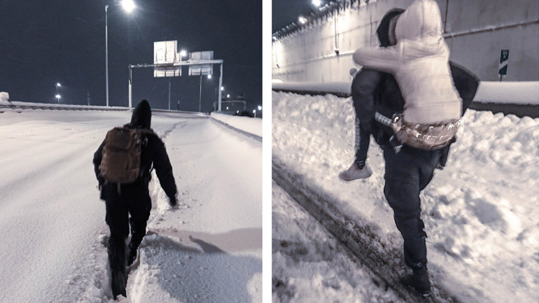 Αστυνομικός κουβαλάει στην πλάτη ένα κοριτσάκι στην Αττική Οδό