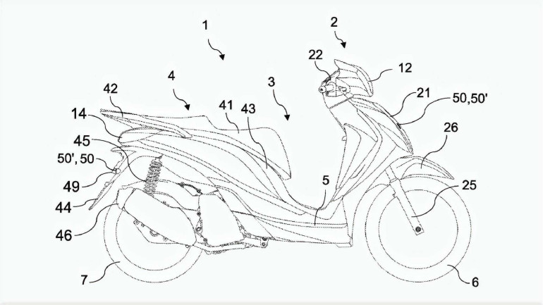 Το ένα από τα σχέδια της πατέντας της Piaggio που πήρε έγκριση σε Αμερική και Ευρώπη.