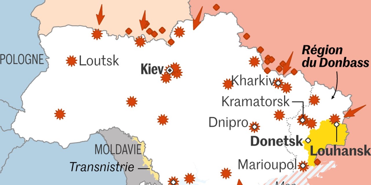 - Οι ερυθροί ρόμβοι αντιστοιχούν στις θέσεις εκκίνησης των ρωσικών δυνάμεων κοντά στα σύνορα της Ουκρανίας. - Τα ερυθρά βέλη δείχνουν τα σημεία από τα οποία εισέβαλε σε ουκρανικό έδαφος ο ρωσικός στρατός. - Οι ερυθρές βούλες/αστερίσκοι δείχνουν τους στόχους των βομβαρδισμών με αεροσκάφη και πυραύλους που εξαπέλυσαν οι ρωσικές δυνάμεις από την ώρα της έναρξης της επίθεσης ως και το μεσημέρι της Πέμπτης.