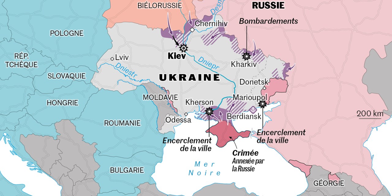 Ο χάρτης με τη στρατιωτική κατάσταση που επικρατεί στη Ρωσία τώρα. Η Μαριούπολη και η Χερσώνα στο νότο είναι πλήρως περικυκλωμένες. Με βαθύ κόκκινο η Κριμαία που έχει ενσωματωθεί στη Ρωσία. Με έντονο ροζ οι ρωσόφωνες περιοχές. Με μωβ οι περιοχές που ελέγχονται από τον ρωσικό στρατό. Με μωβ ριγέ η πρόοδος των ρωσικών δυνάμεων. 