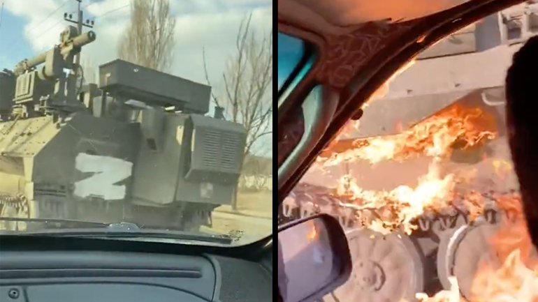 Πολίτες πετούν μολότοφ σε ρωσικό τανκ 