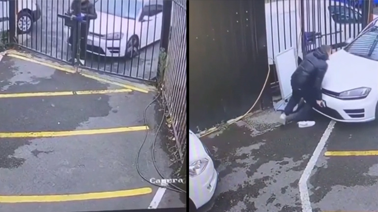 Οδηγός ξεχνά να βάλει χειρόφρενο ενώ ανοίγει μια πύλη 