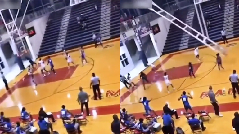 Mπασκέτα καταρρέει μετά από ένα alley-oop