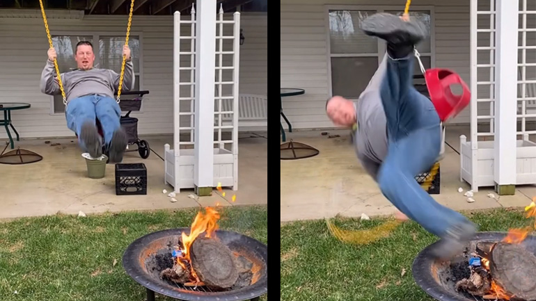 Άνδρας κάνει κούνια μπροστά από μια φωτιά