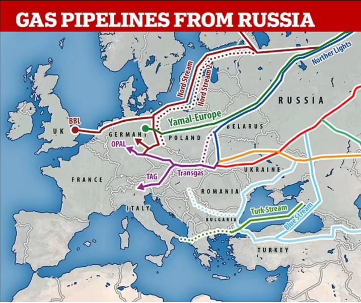 Ο χάρτης της Daily Mail με τις χώρες από τις οποίες περνούν οι αγωγοί που διοχετεύουν το ρωσικό φυσικό αέριο στην Ευρώπη.