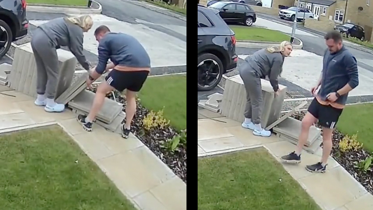 H σύζυγος βοηθά τον άντρα της να μεταφέρει τσιμεντένιες πλάκες