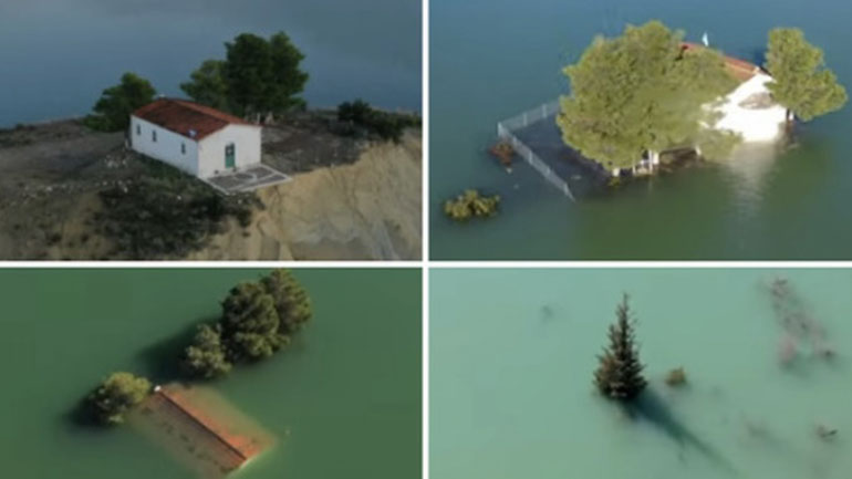 Δείτε το εκκλησάκι της λίμνης Αστερίου σε όλες τις φάσεις βύθισής του