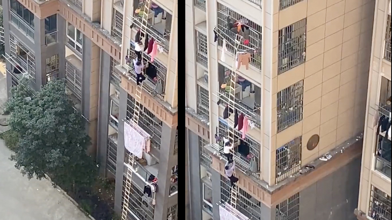 Σαγκάη: Κάτοικοι χρησιμοποιούν σκάλα για να βγουν από διαμέρισμα 5ου ορόφου
