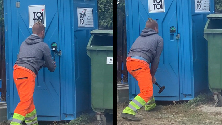 Άνδρας σπάει λουκέτο με ένα σφυρί -fail