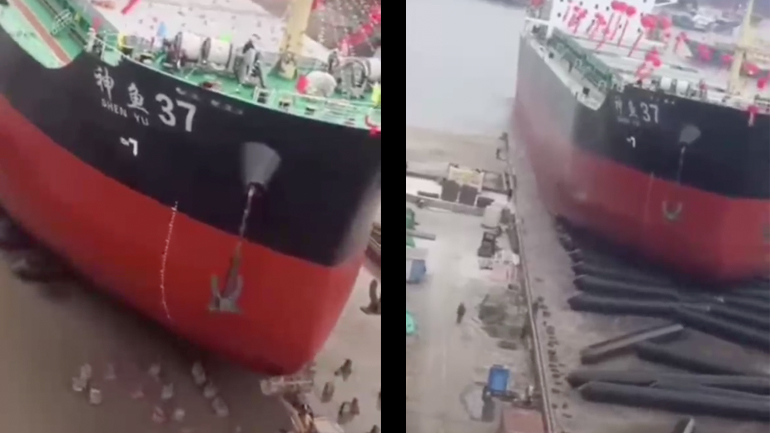 Πλοίο μπαίνει πρώτη φορά στο νερό