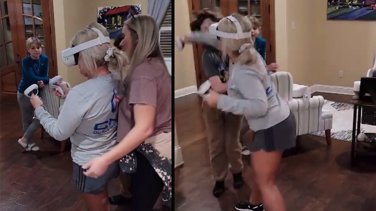 Γυναίκα ρίχνει γροθιά σε παιδί παίζοντας παιχνίδι εικονικής πραγματικότητας