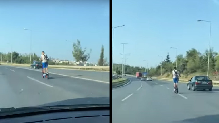 Πατίνι προσπερνάει αυτοκίνητο σε αυτοκινητόδρομο της Θεσσαλονίκης