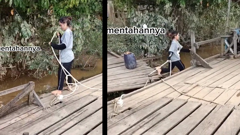 Γυναίκα δένει μόνη της μαούνα σε προβλήτα