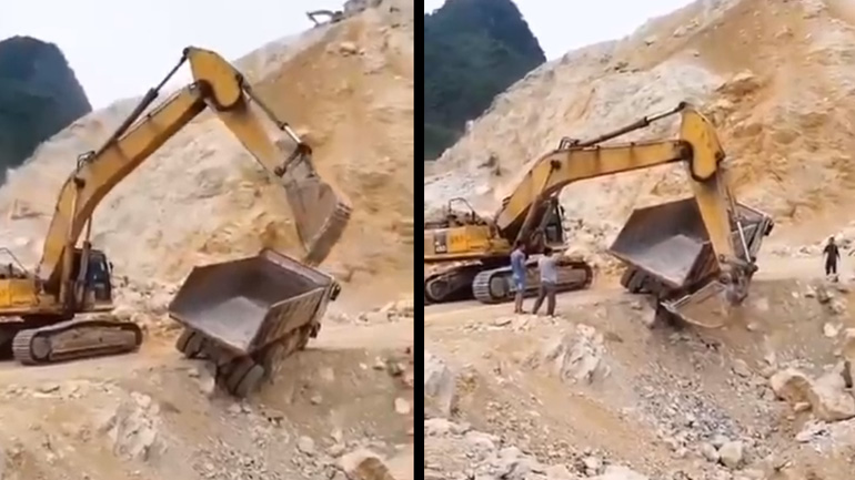 Εκσκαφέας σώζει ένα φορτηγό