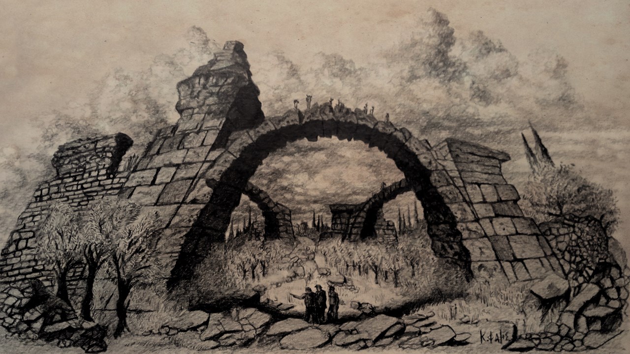 Αλεξάνδρεια Τρωάς, ερείπια στις Θέρμες Ηρώδου Αττικού. Έργο με μολύβι