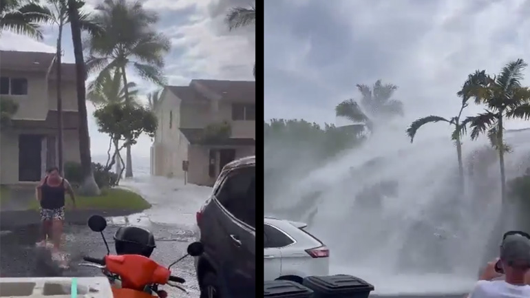 Ένα κύμα περνά πάνω από τη στέγη ενός σπιτιού