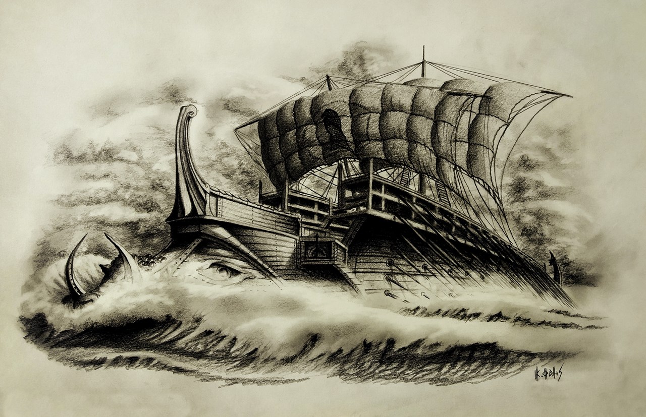 Η ναυαρχίδα του Πύρρου Α' της Ηπείρου με τις 7 σειρές κουπιών. Έργο με σινική μελάνη και μολύβι