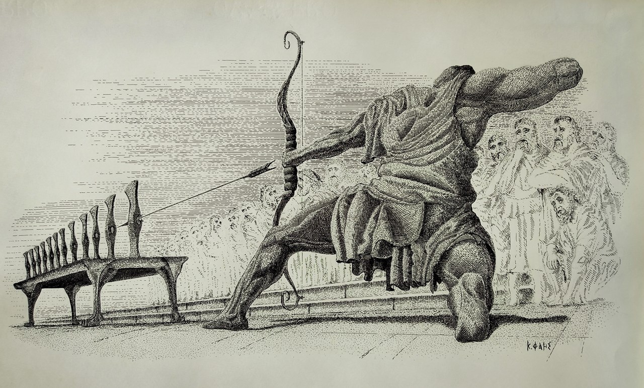 Ο Οδυσσέας, οι μνηστήρες και οι 12 πελέκεις. Έργο με ραπιδογράφο