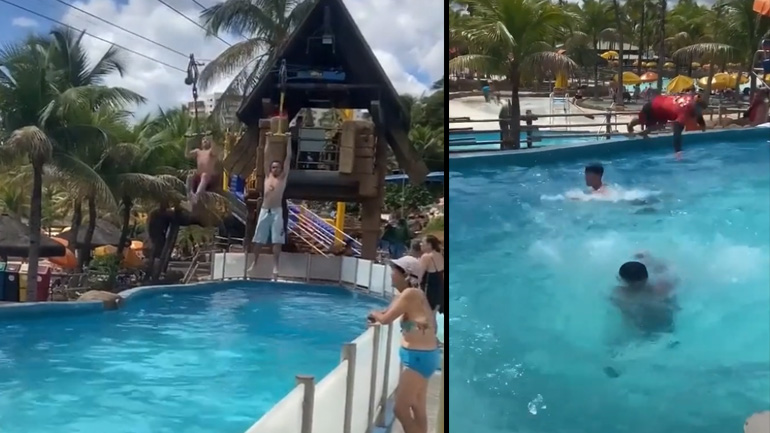 Άνδρας που δεν ξέρει να κολυμπά κάνει zipline πάνω από μια πισίνα