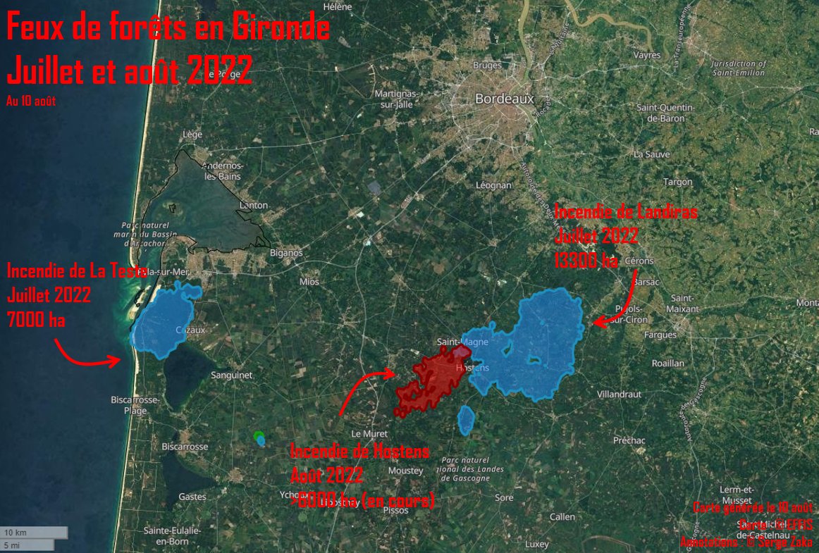 Με μπλε εμφανίζονται περιοχές της Γαλλίας που κάηκαν τον Ιούλιο και με κόκκινο αυτές που έχουν πληγεί τον Αύγουστο.