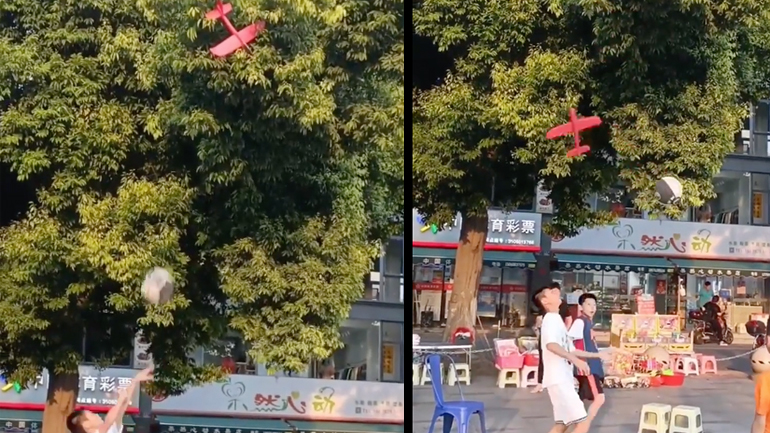 Παιδιά ξεκολλάνε αεροπλάνο από ένα δέντρο