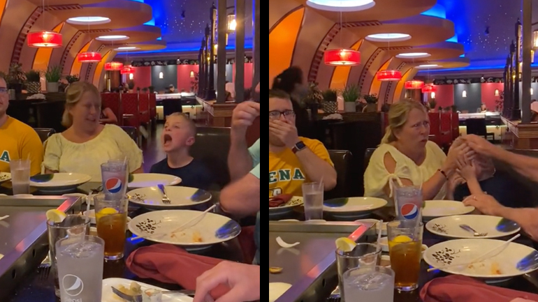 Παιδί προσπαθεί να πιάσει το φαγητό που του πετάει ο σεφ