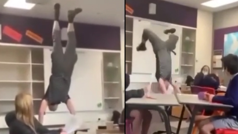 Δάσκαλος διασκεδάζει τους μαθητές κάνοντας ακροβατικά στο γραφείο του
