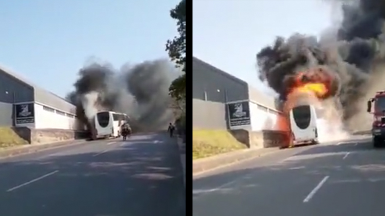 Φλεγόμενο λεωφορείο κυλάει στην κατηφόρα