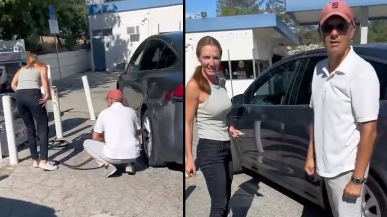 Ζευγάρι προσπαθεί να φουσκώσει τα ελαστικά του Tesla με αέριο