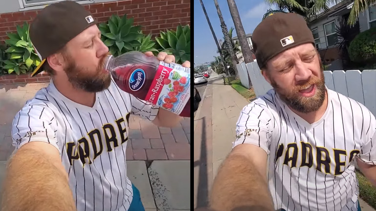 Νεαρός κάνει skate και βιντεοσκοπεί τον εαυτό του που πίνει χυμό 