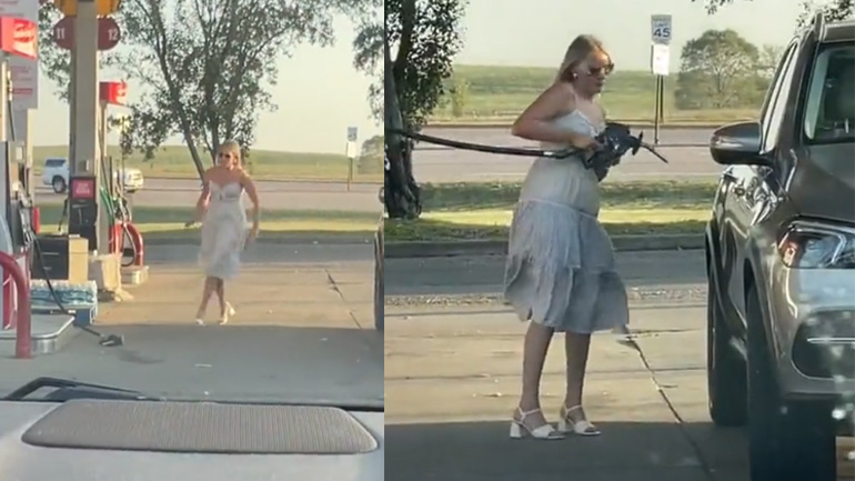 Γυναίκα δυσκολεύεται να βάλει βενζίνη στο αυτοκίνητό της