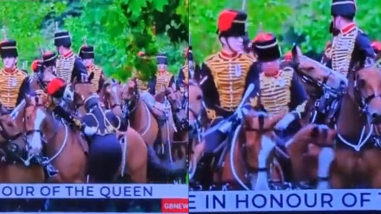 Bασιλικός φρουρός προσπαθεί να ανέβει στο άλογό του