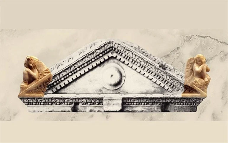 Γραφιστική αποκατάσταση της θέσης των δύο μικρών Ερώτων του Εθνικού Αρχαιολογικού Μουσείου σε κάλυμμα σαρκοφάγου που βρίσκεται στο San Lorenzo fuori le Mure της Ρώμης.