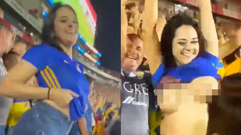 Οπαδός πανηγυρίζει γκολ της Τίγκρες στο Μεξικό επιδεικνύοντας το στήθος της
