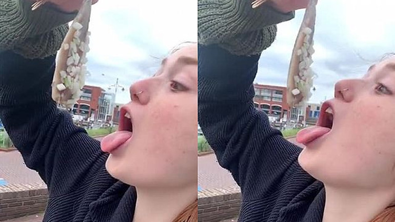 Γλάρος κλέβει το φαγητό από μια κοπέλα